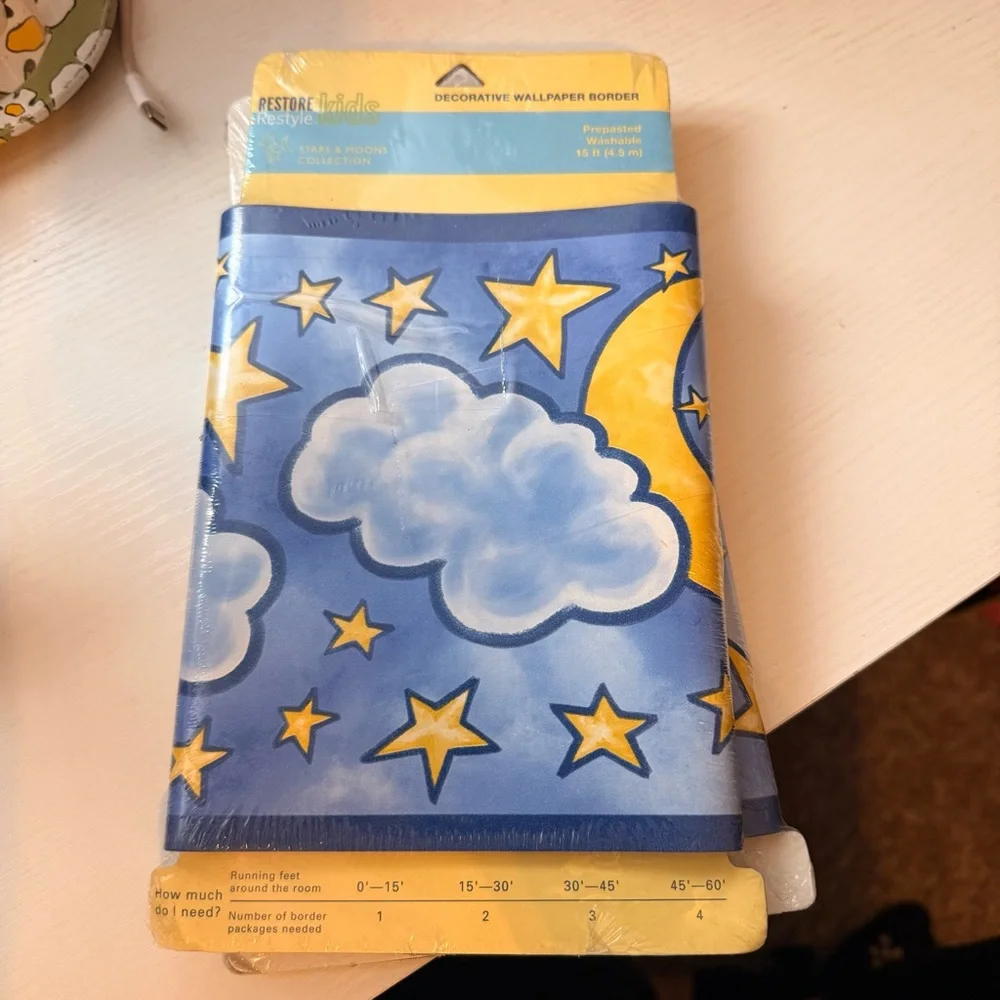 Celestial wallpaper - 2x15’ - moons, stars, clouds - 30’ total